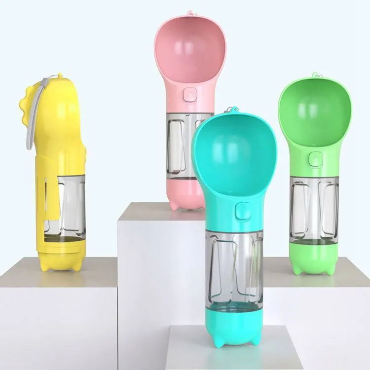 Portable 3 in 1 dog water bottle 500ml leak proof with treat holder and poop bag dispenser