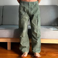 Men's army green washed cotton paratrooper trousers with large pockets, mid waist and zipper fly, sizes S to XXL