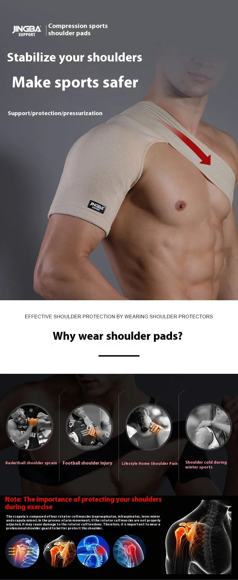 Adjustable skin-coloured sports protective strap for shoulder support in multiple activities.