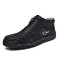 Men's black slip-on casual loafers with round toe and rubber sole