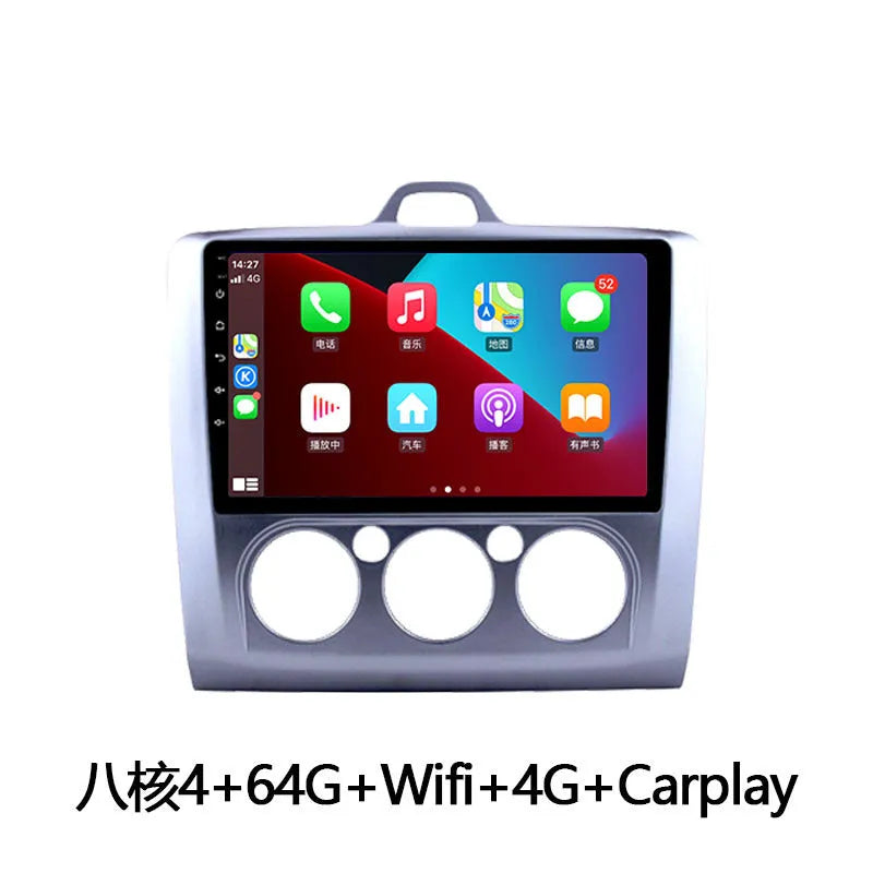Android smart car head unit with 9-inch touchscreen for Ford Fox, showing interface with climate controls and navigation.