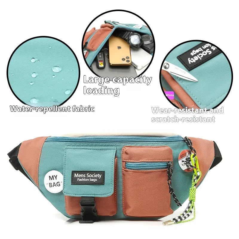 Men's casual crossbody sports canvas waist bag in orange with green lanyard, featuring wear-resistant material and burden-reducing design