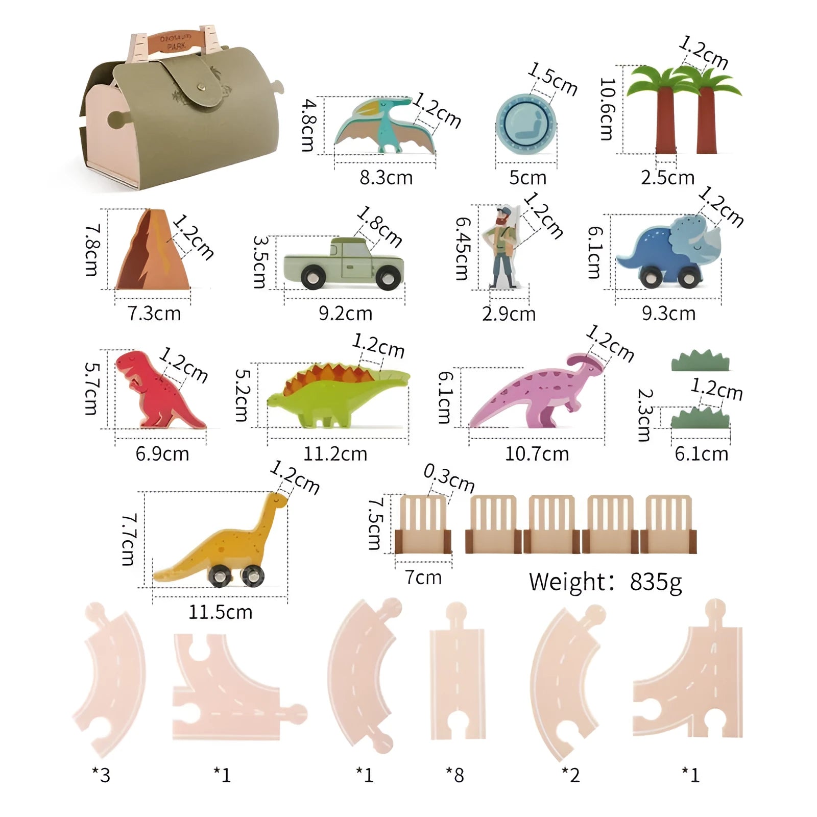 Wooden children puzzle shape stacking toy in dinosaur track design with colourful building blocks on a white surface