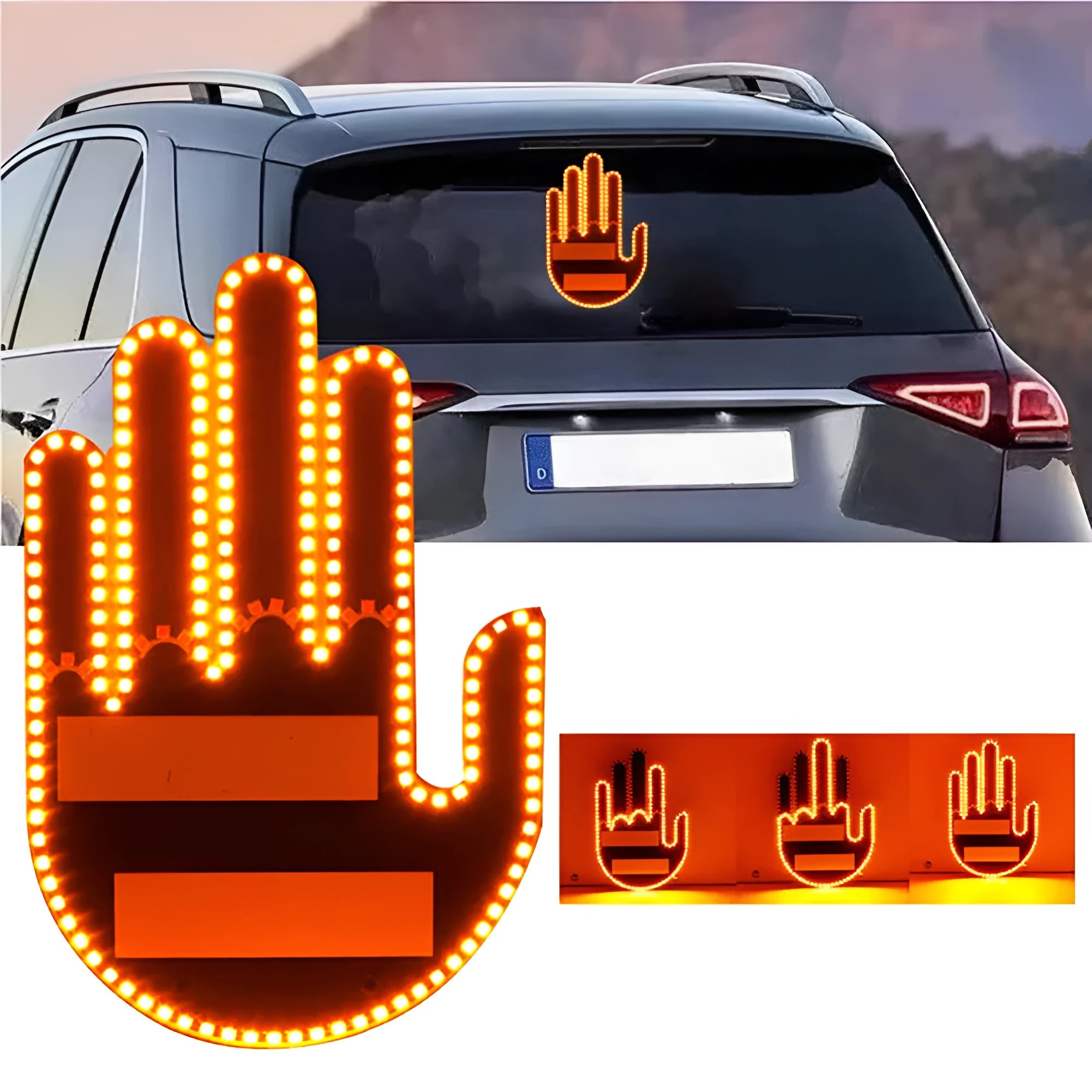 Black plastic LED gesture light for cars with remote control showing middle finger symbol