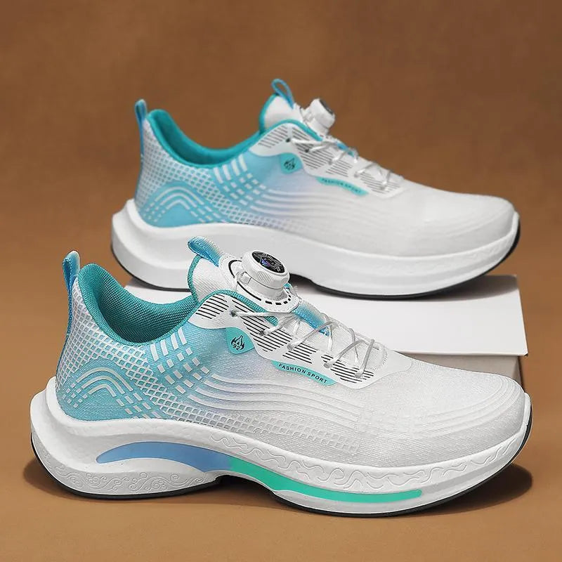 Men's white and blue low-top sneaker with mesh lining and a rotating buckle closure on a rubber sole.