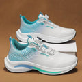 Men's white and blue low-top sneaker with mesh lining and a rotating buckle closure on a rubber sole.