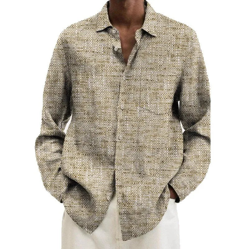 Men's long sleeve casual shirt in a multi-colour pattern, made from stretch polyester fabric