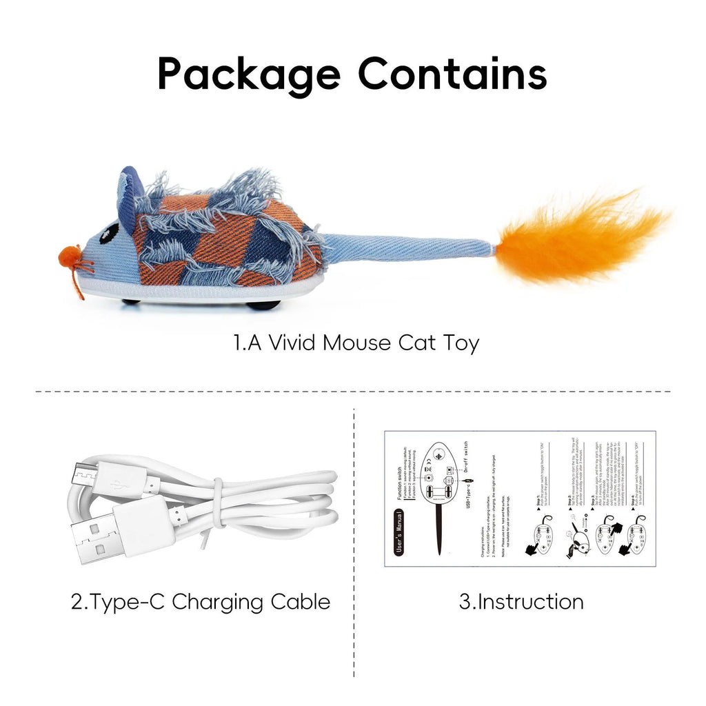 Blue electronic moving mouse cat toy with feather and sound box, showing 18cm length