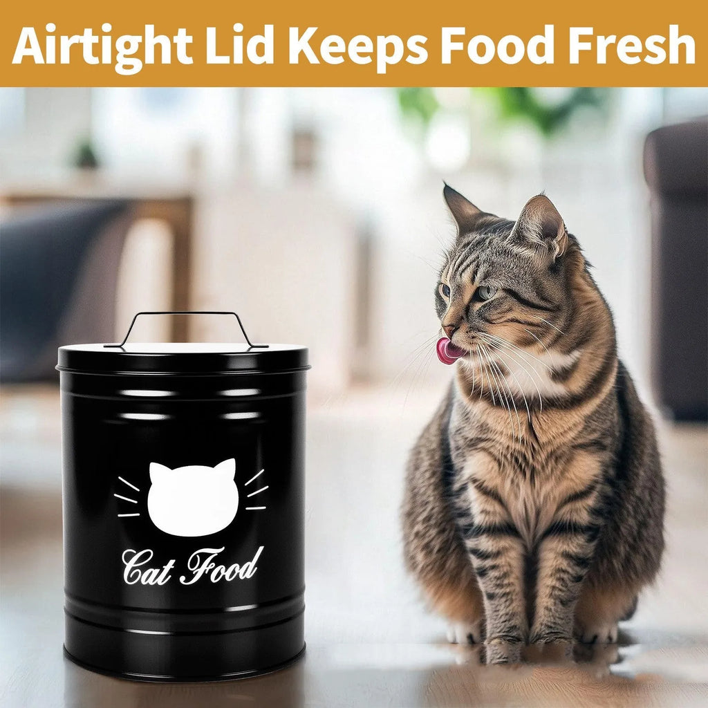 Round black iron moisture-proof storage tin with a white inner box on a kitchen counter.