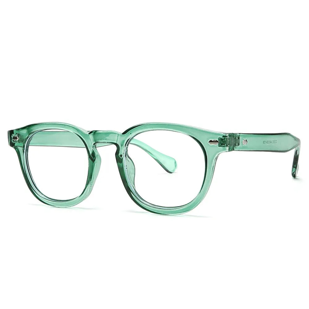 Simple round rim retro sunglasses with plastic frame and UV400 lenses on a plain background.