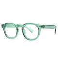 Simple round rim retro sunglasses with plastic frame and UV400 lenses on a plain background.