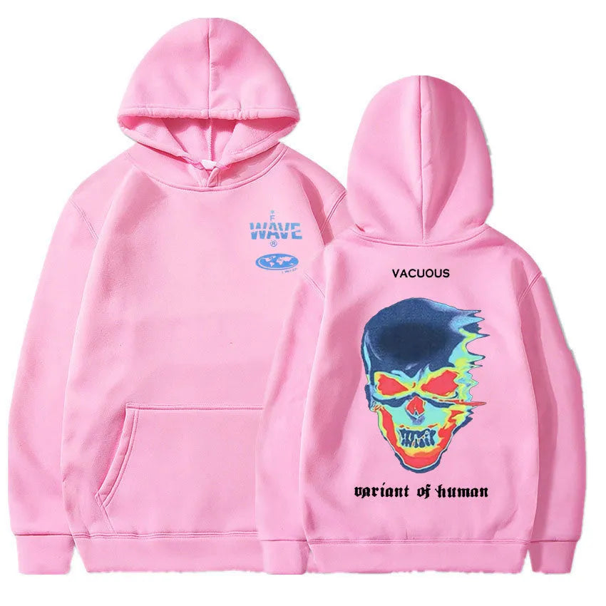 Skeleton thermal imaging graphic printed hoodie for men and women, pullover style, long sleeves, side pockets, black