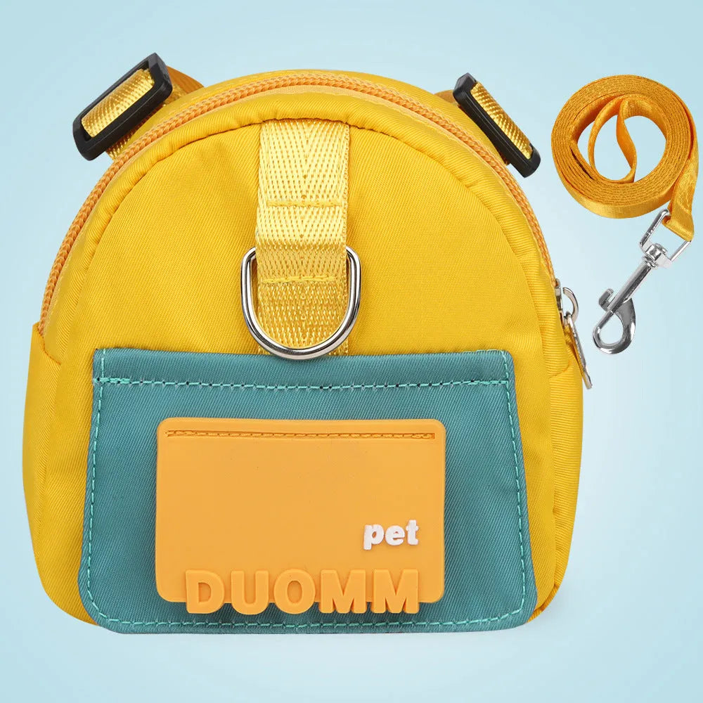 Blue adjustable dog backpack with snack storage bag and harness for hiking