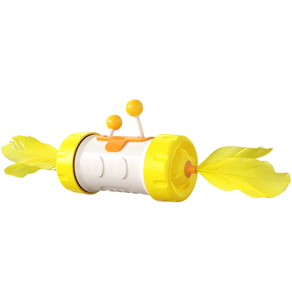 Adjustable cat fishing pole toy with colourful feathers and rolling tumble ball for interactive play