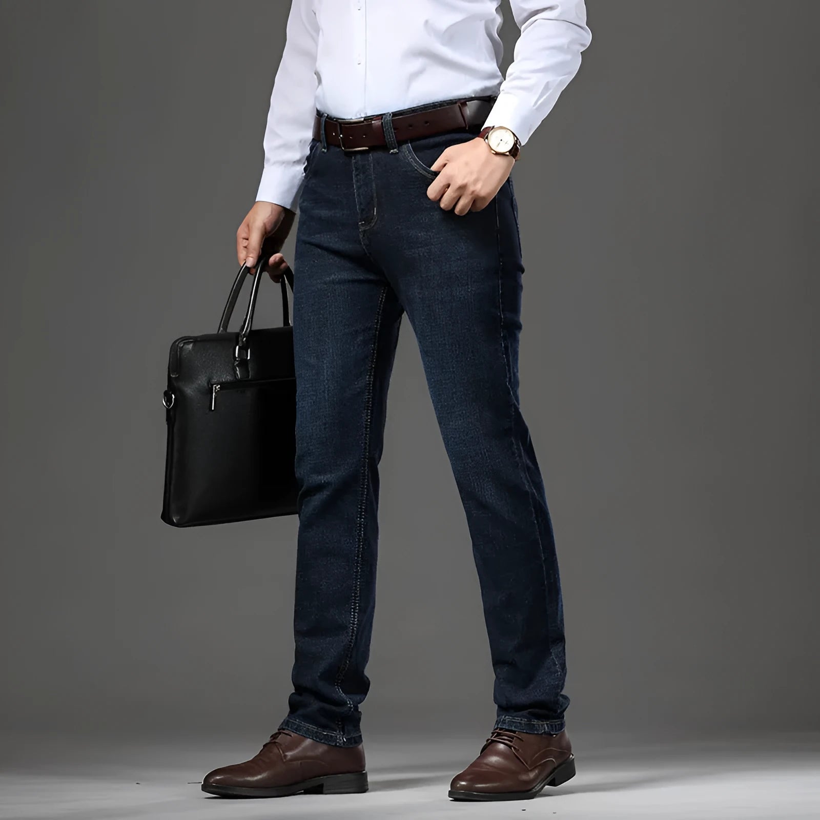 Men's black and blue stretch jeans loose fit business casual trousers
