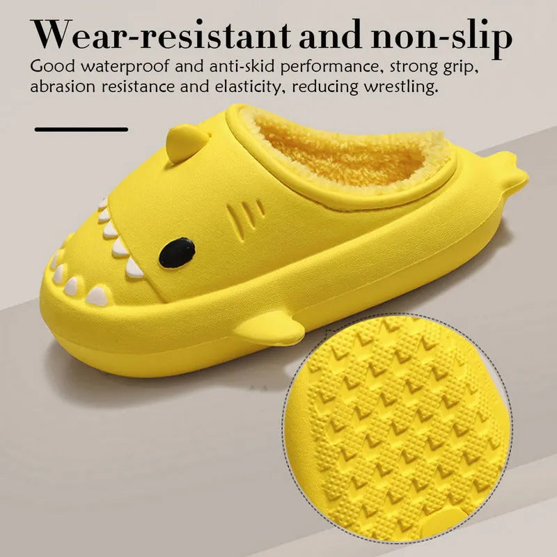 Cartoon shark EVA slippers in grey couple colour, closed-toe baotou style with thickened plush lining and non-slip sole