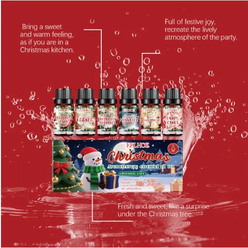 Christmas aromatherapy oil diffuser set showing six 60ml bottles and reed sticks for home fragrance