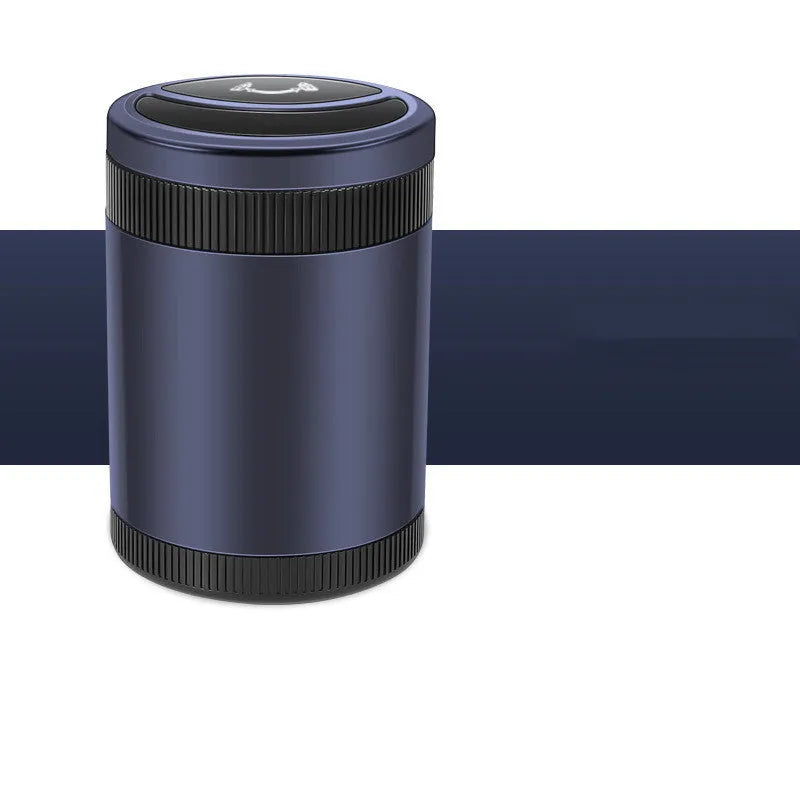 Automatic sensing vehicle ashtray with USB port in grey, black, red, or blue.