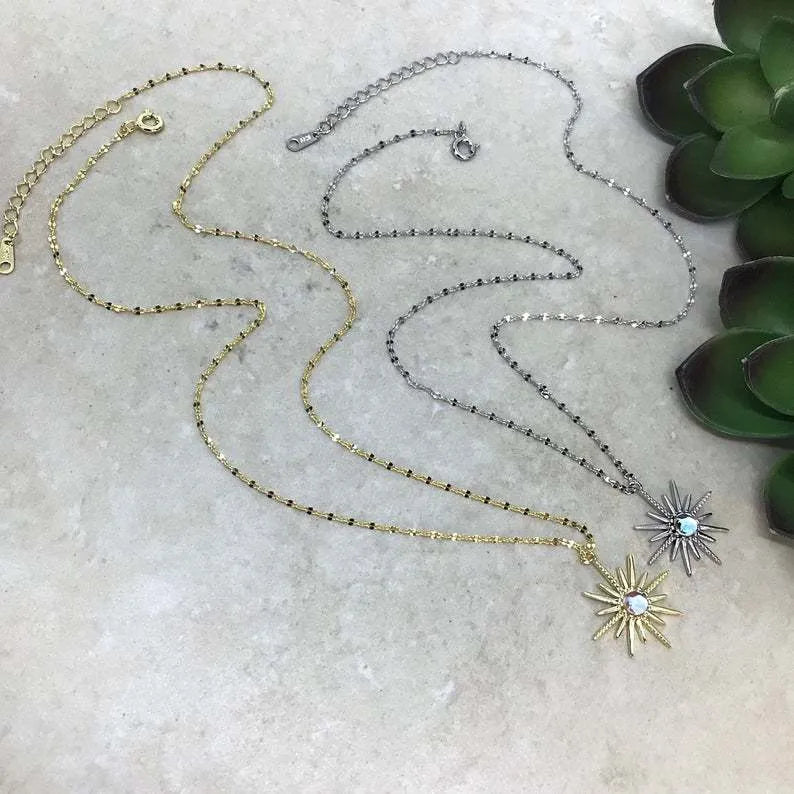 Boho gold sun god geometric pendant necklace on alloy chain with electroplated finish