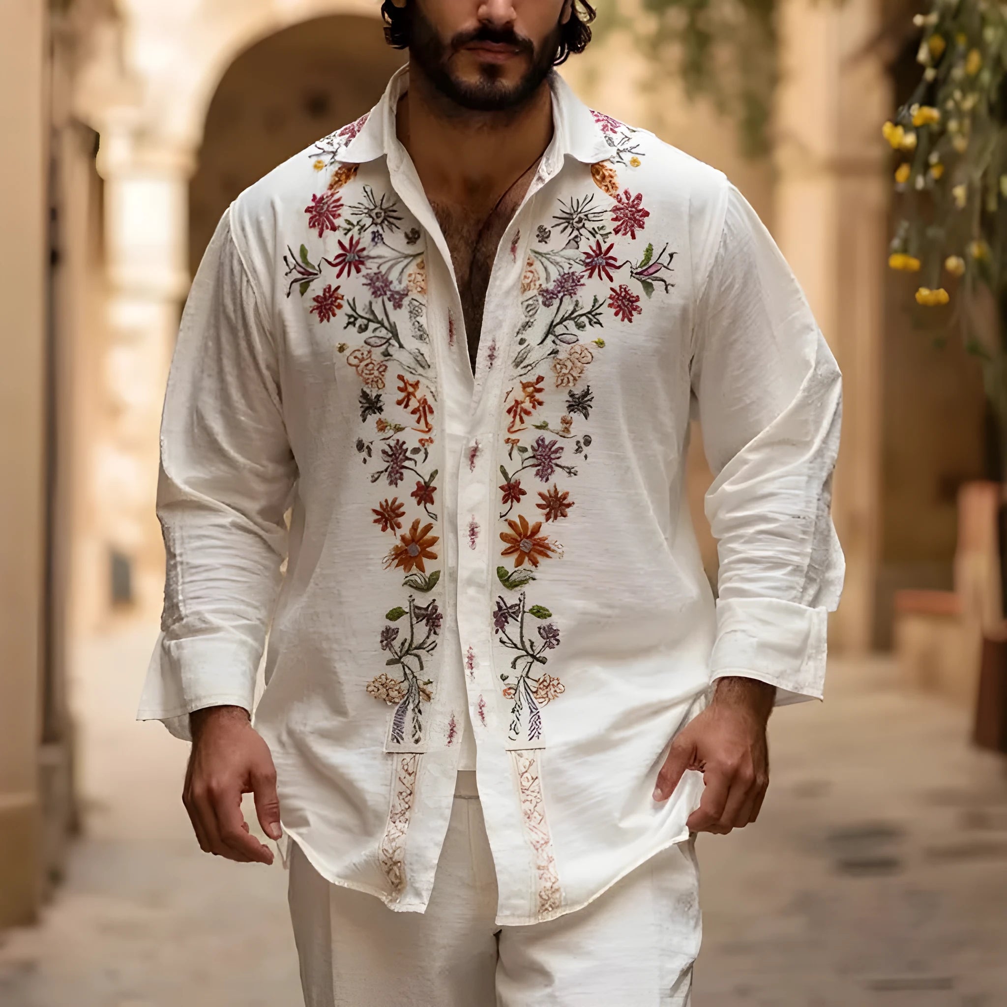 Men's retro style 3D printed cardigan in bamboo linen fabric with long sleeves and loose fit