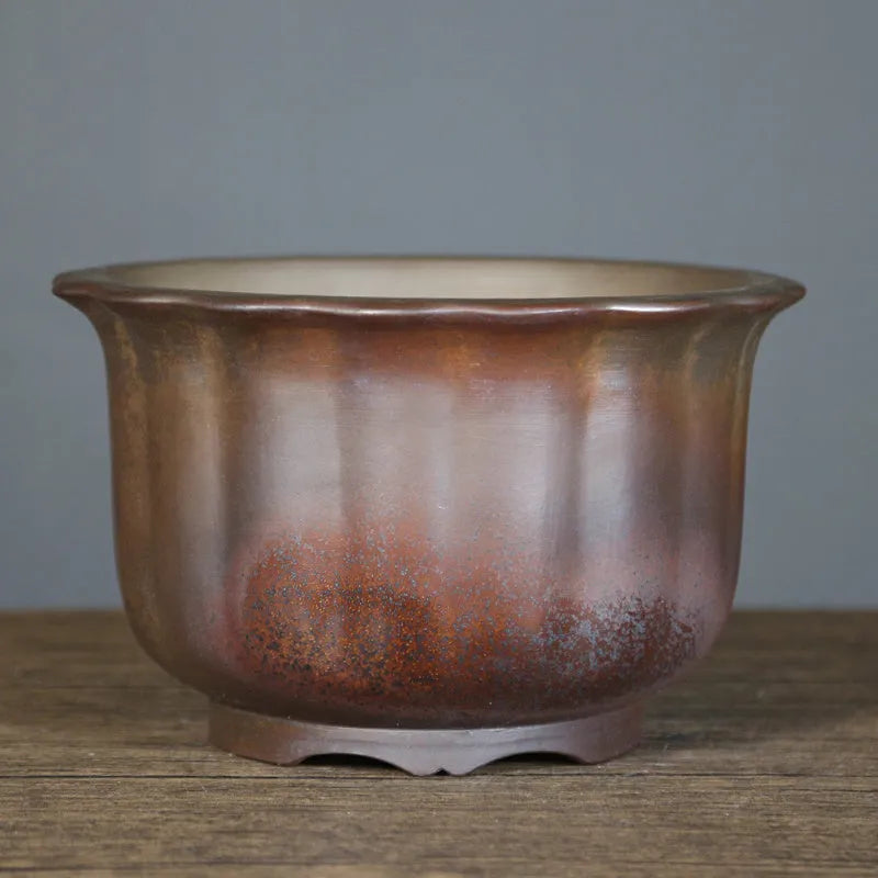 Large antique carved purple sand ceramic bonsai pot in S1696 firewood colour.