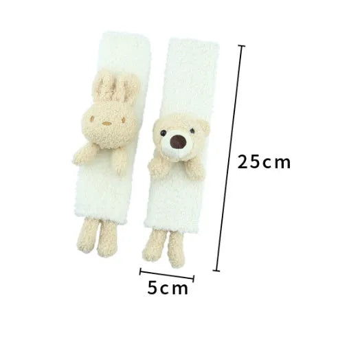 Cartoon plush car seatbelt shoulder protector in lamb wool with Bear and Rabbit designs.