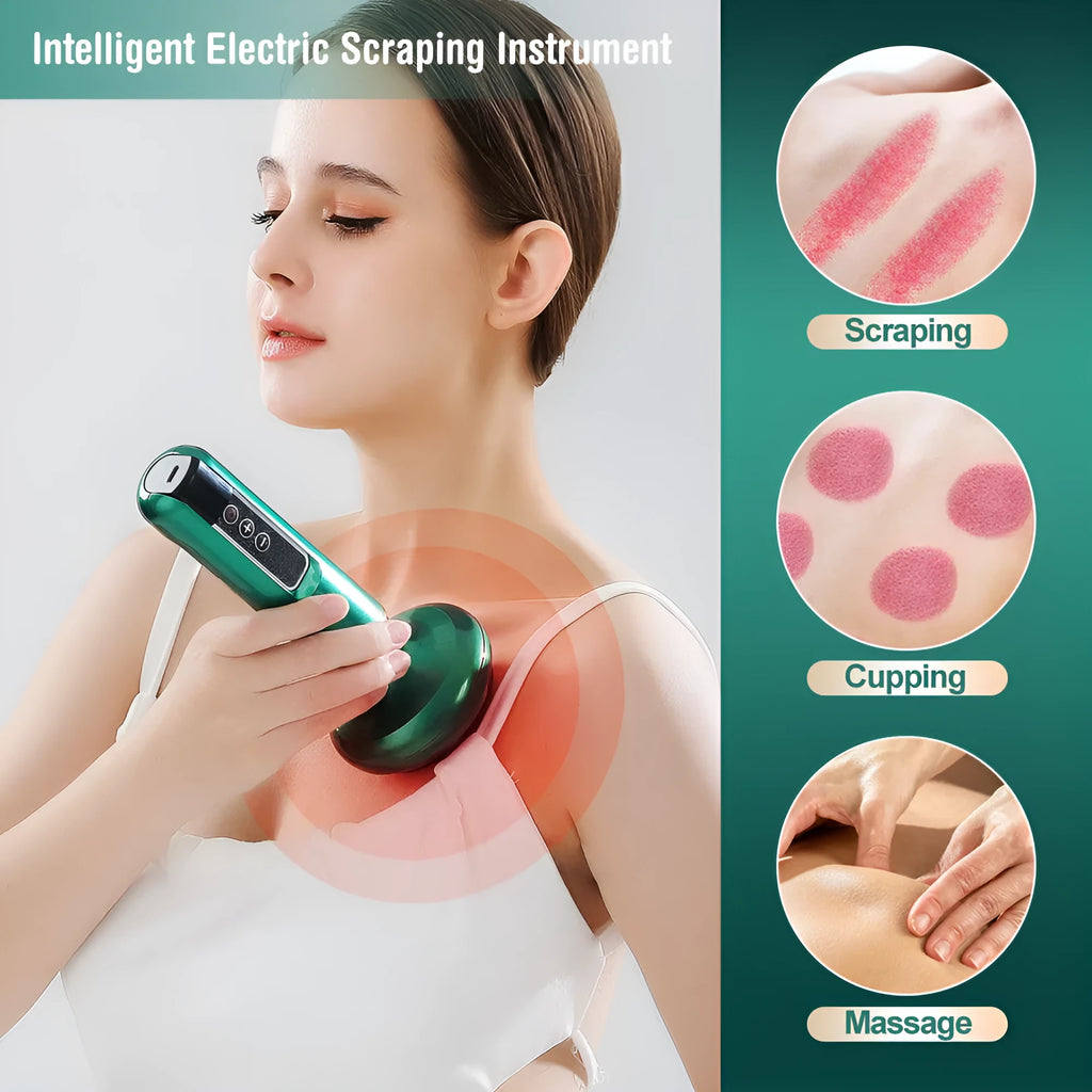 Green electric vacuum cupping massager with Gua Sha head on USB charging cable