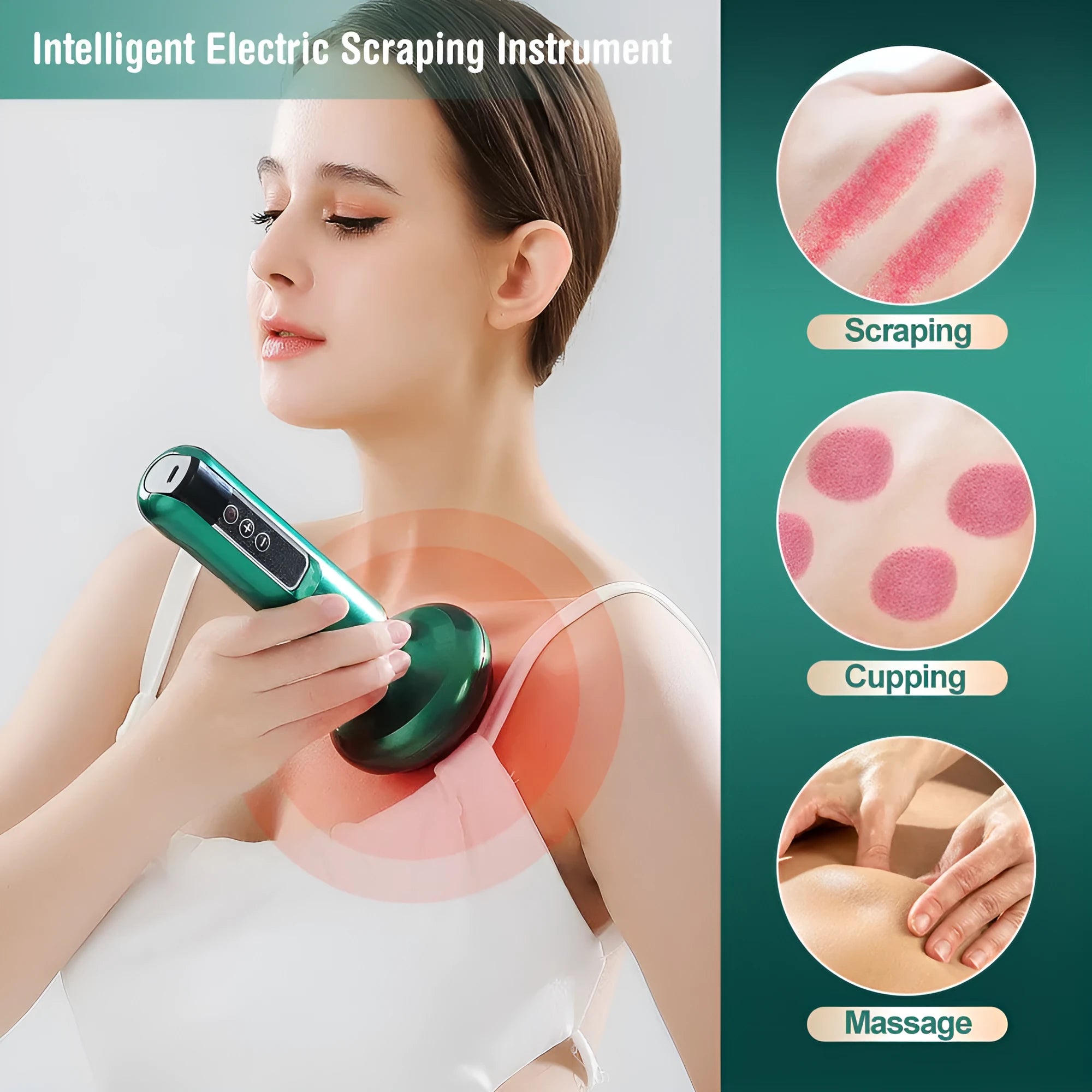 Green electric vacuum cupping massager with Gua Sha head on USB charging cable
