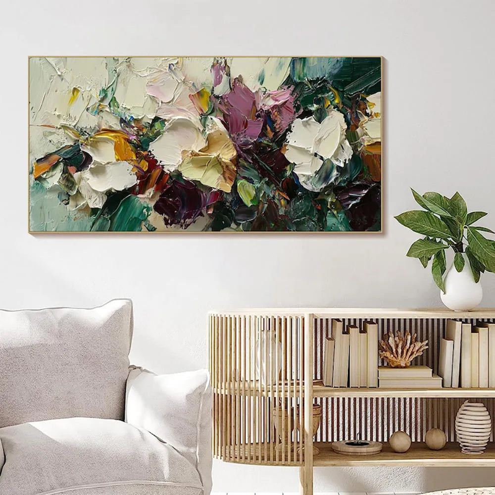 Handmade flowers field oil painting canvas artwork, modern horizontal design, rolled frameless