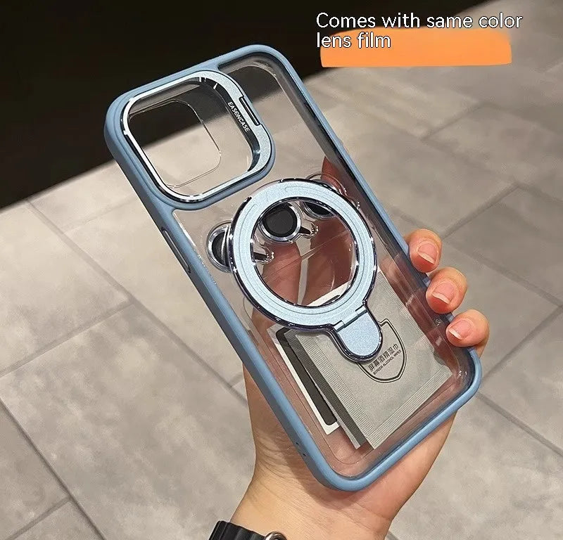 Magnetic suction lens cover bracket phone case for Apple iPhone in silicone, black, with invisible bracket