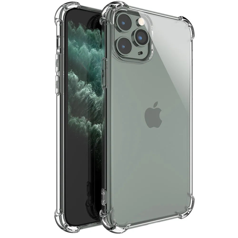 Clear transparent TPU shockproof case for Apple iPhone on a white background