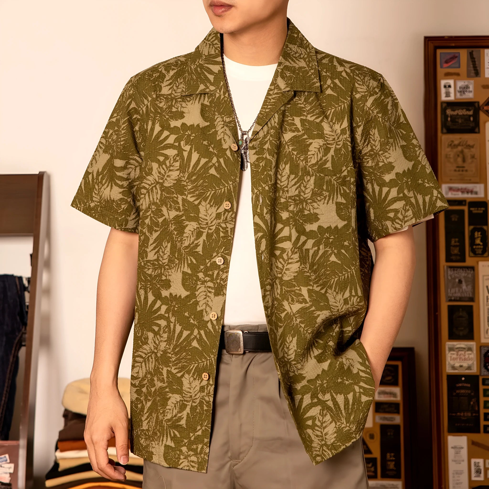 Vintage floral print seersucker Cuban collar shirt in loose cardigan fit