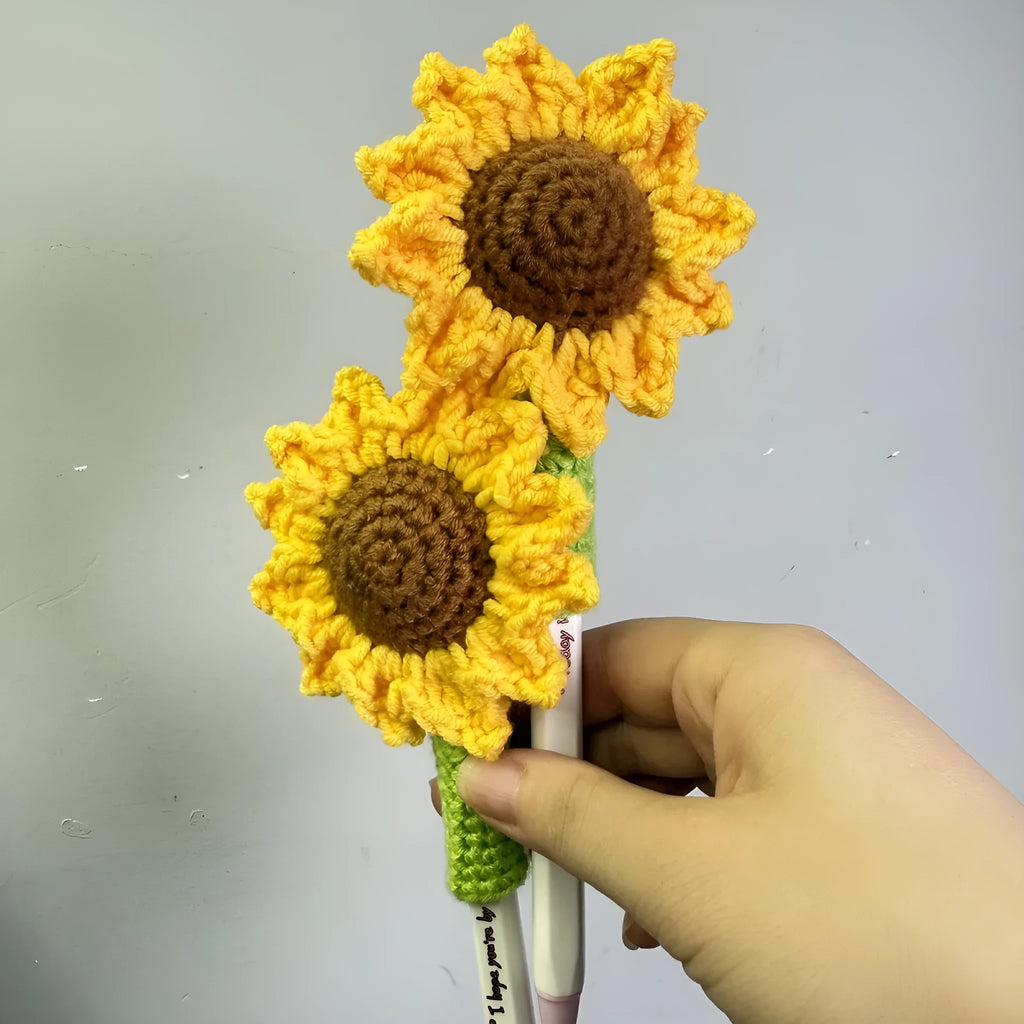 Hand-woven sunflower design jute pen cover, a natural fibre pen holder.