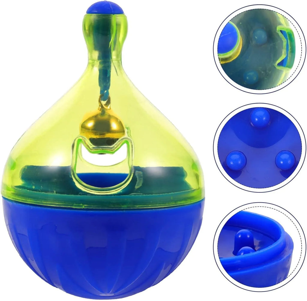 Blue tumbler-shaped pet treat dispenser toy for dogs and cats with treat holes