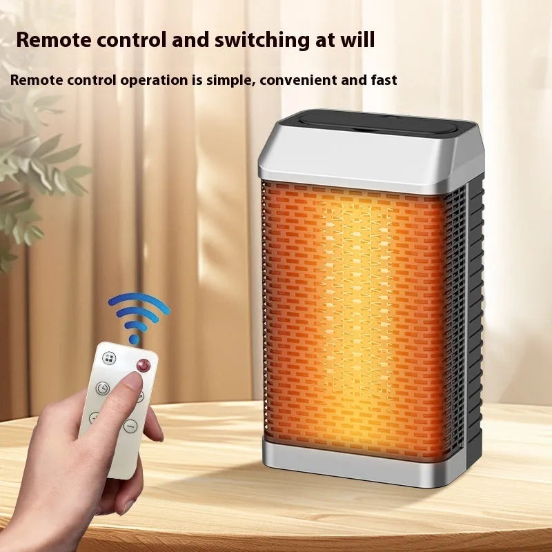 Black smart desktop heater with remote control showing dimensions 14.5x10x26cm