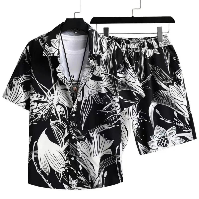 Man wearing a grey digital print short sleeve cardigan and matching shorts from a casual lounge suit set.
