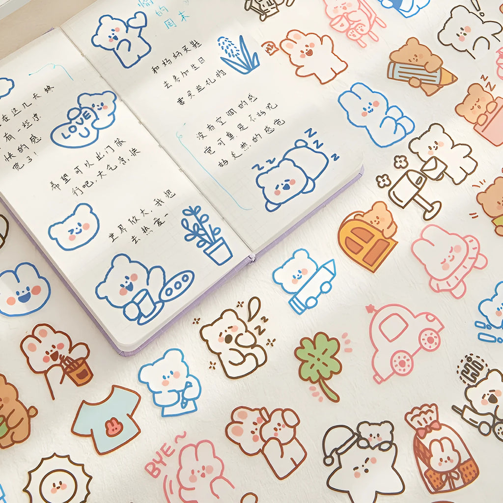 Morning foam PET sticker pack with 40 bear and animal decorative stickers in various styles on white background