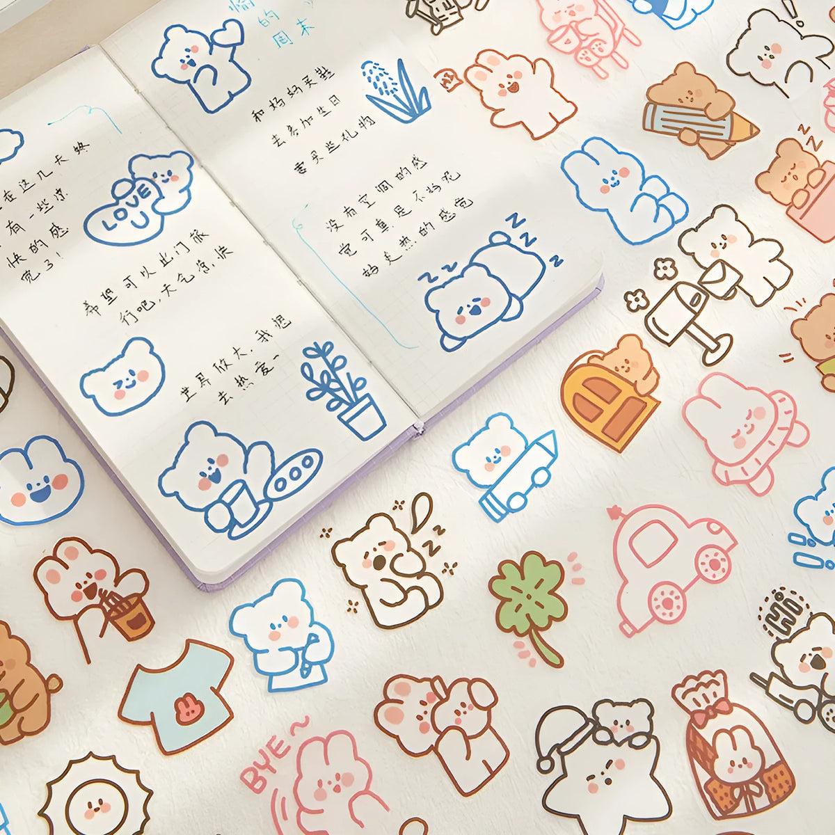 Morning foam PET sticker pack with 40 bear and animal decorative stickers in various styles on white background