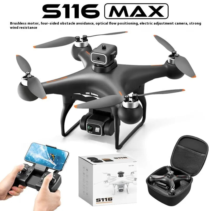 Black HD and White HD coloured brushless UAV drone with four-side obstacle avoidance and dual cameras, showing remote control.