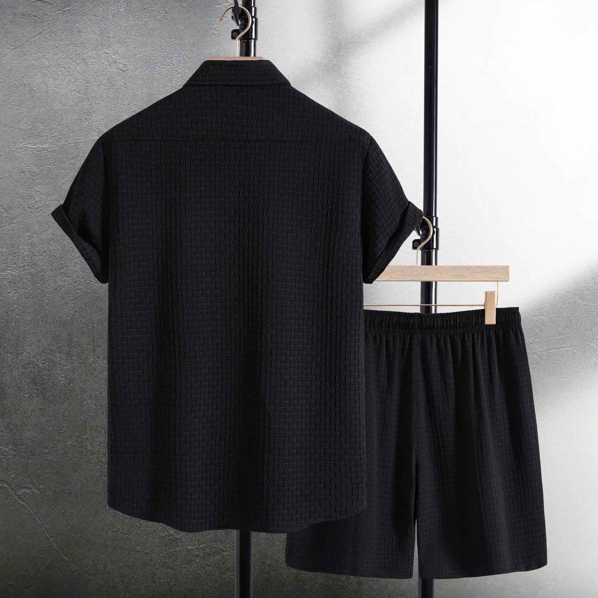 Men's casual short sleeve flower shirt and matching shorts in a white or black cotton blend set.