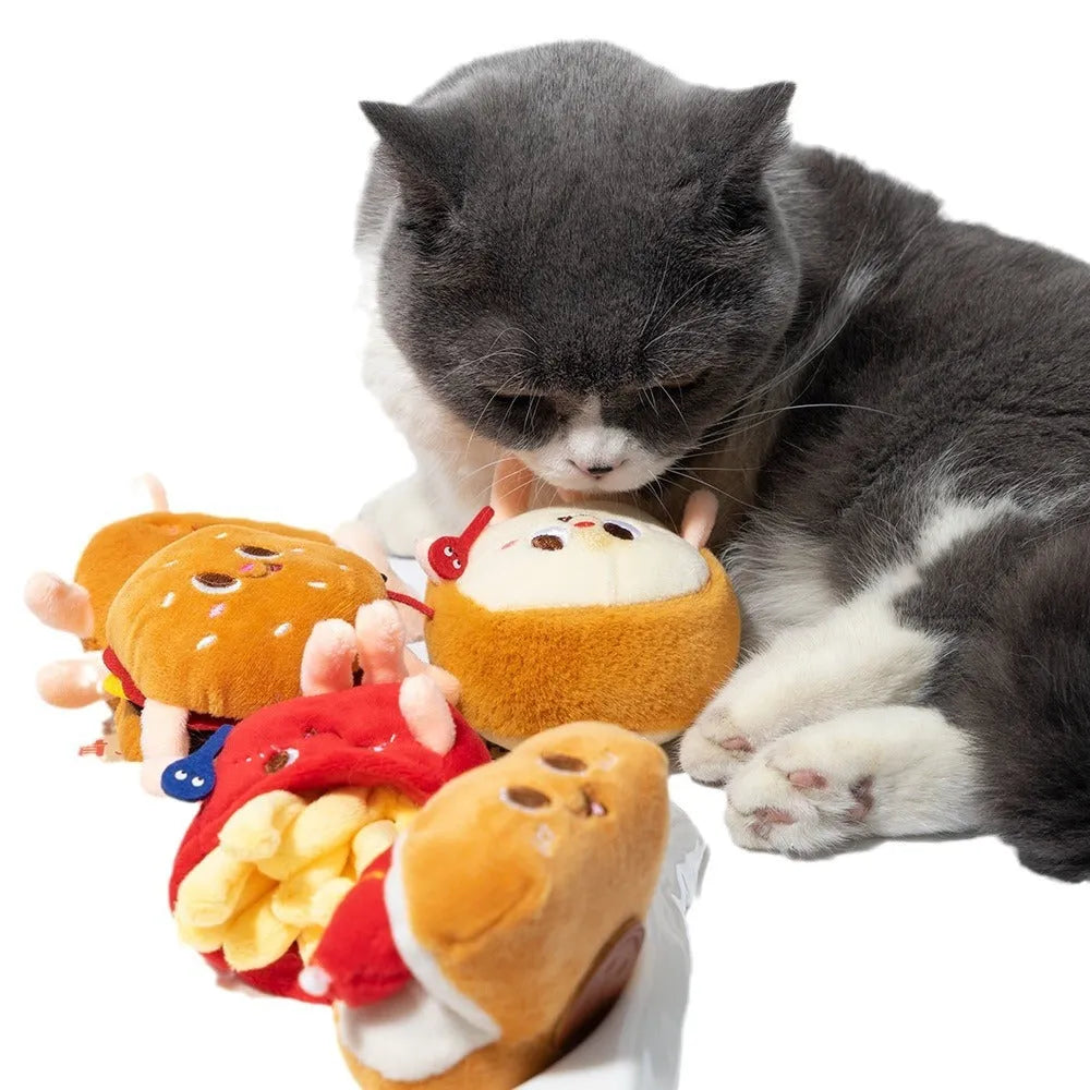 Set of five food-shaped cat chewing toys showing hamburger, chicken legs, fries, bread and hot dog designs