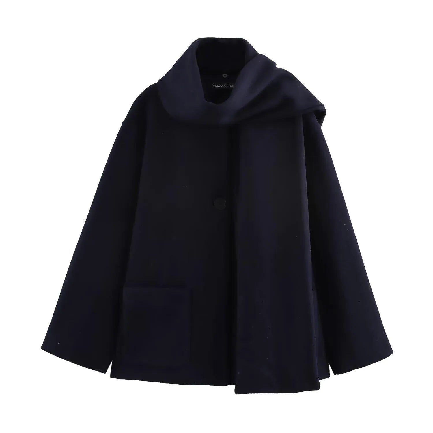 Women's long black coat with artificial fur collar, showing extended length and pocket detail.