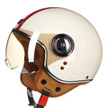 Scrambling motorcycle half helmet in white red green colours showing ABS plastic construction