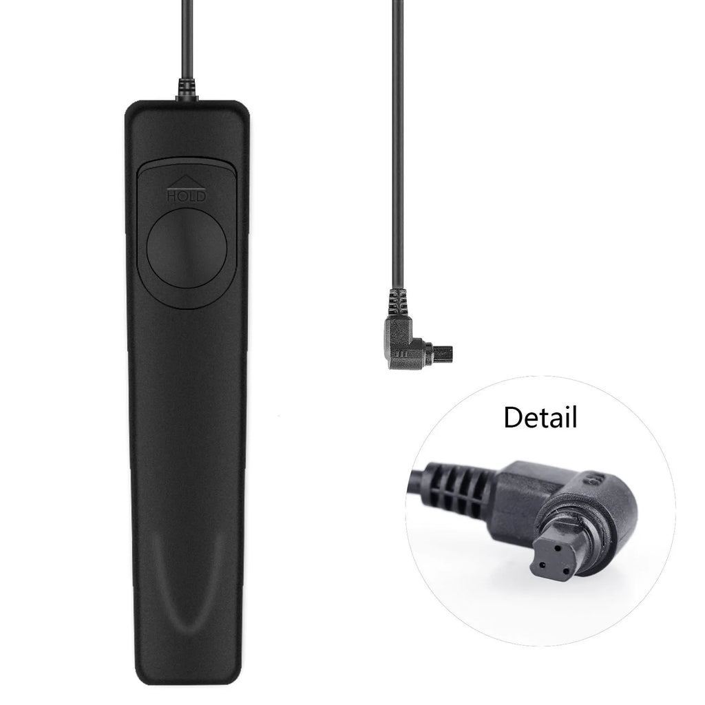Black plastic wired cable release shutter remote for Canon EOS cameras on white background