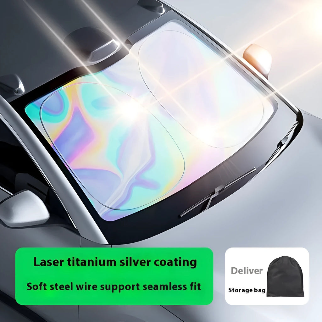 Laser titanium silver car sunshade for front windscreen, aluminium foil construction with storage bag