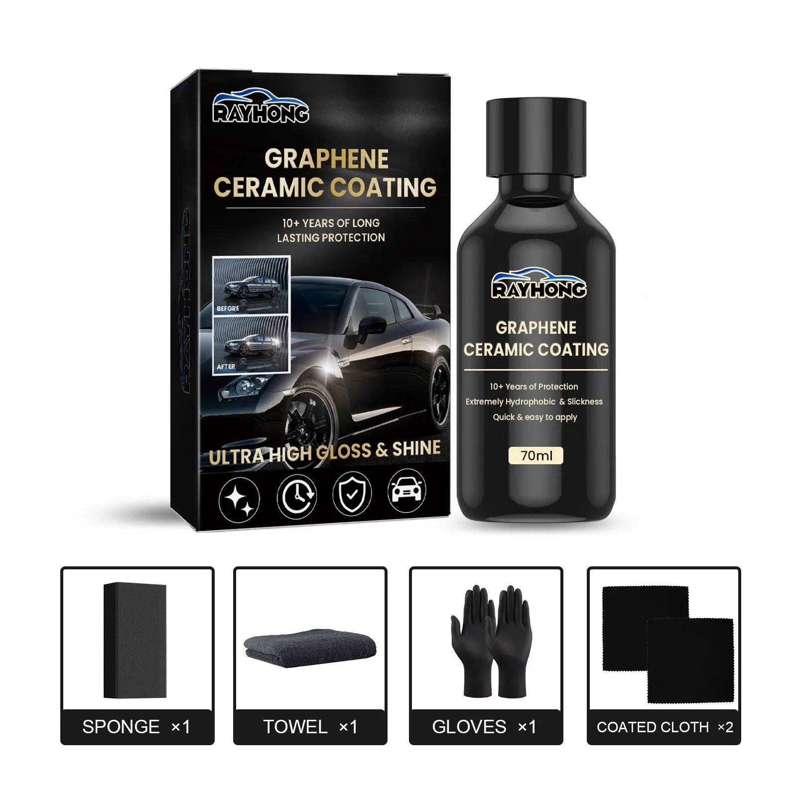 70ml automotive graphene ceramic coating kit with sponge, towel, gloves and cloths