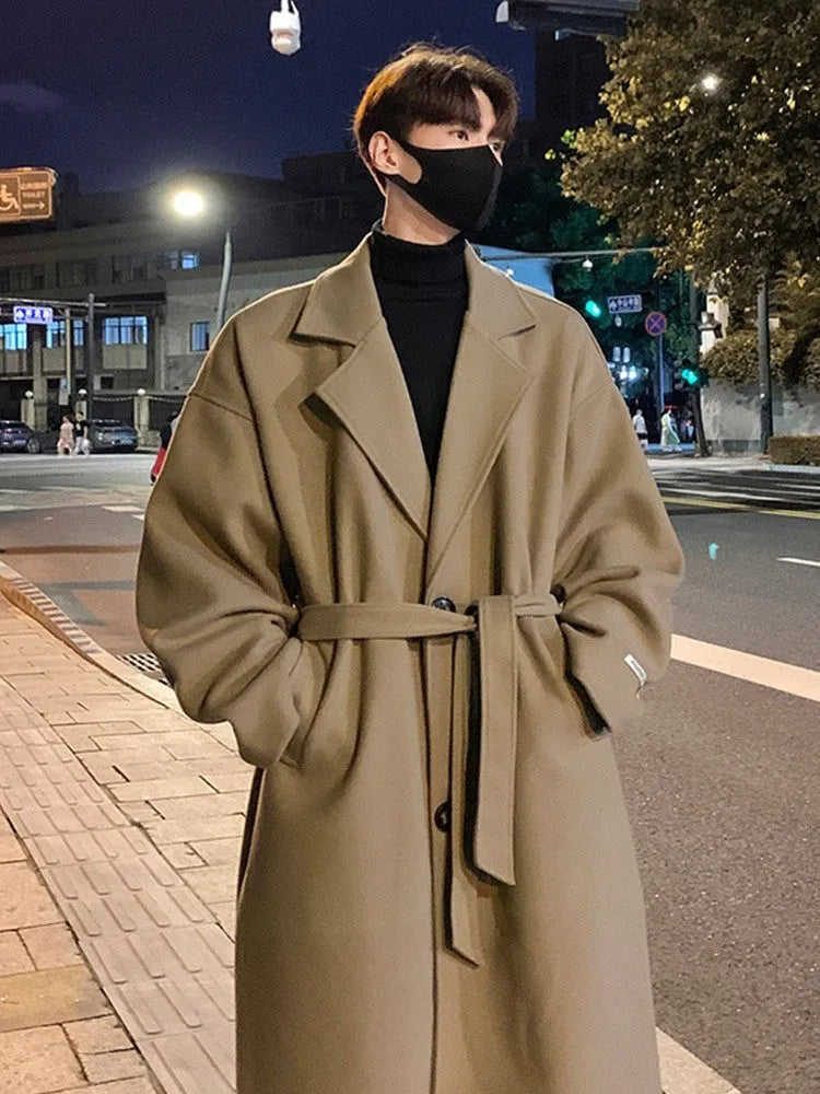 Men's mid-long wool coat in British style, black colour, with side seam pockets