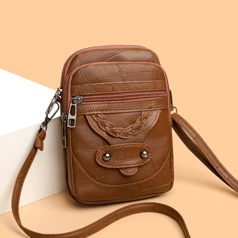 Soft PU leather mobile phone bag with square vertical design and retro weaving elements in choice of four colours