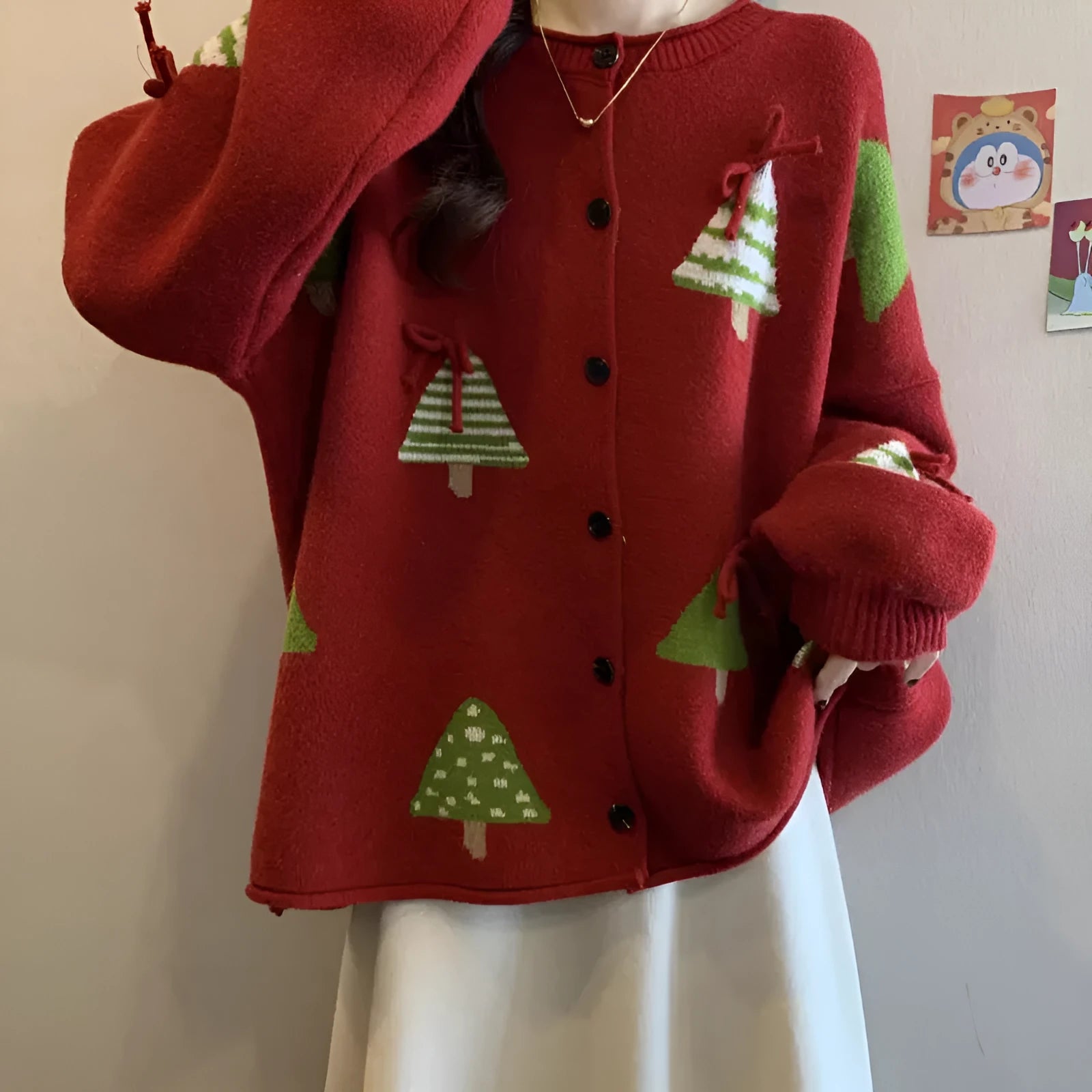 Women's Christmas tree red polyester sweater coat with long sleeves and a loose, regular-length silhouette
