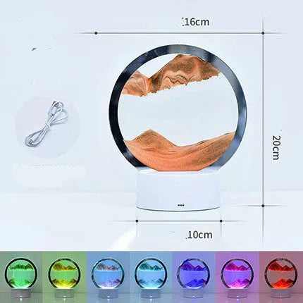Creative 3D quicksand touch table lamp with glass shade in blue, orange, purple, or red light.